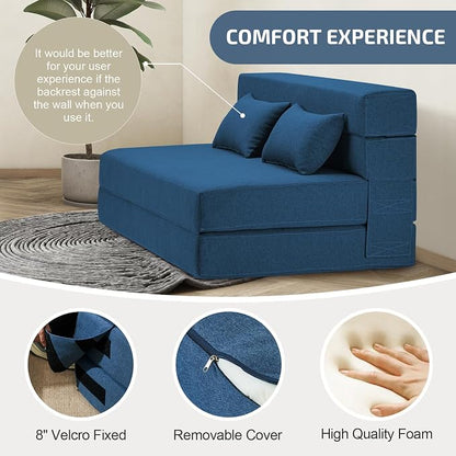 SUYOLS Folding Sofa Bed with Pillows- Convertible Chair Floor Couch & Sleeping Mattress, Foldable Memory Foam Sleeper for Living Room/Dorm/Guest Room/Home Office/Apartment/Loft, Full, Navy Blue