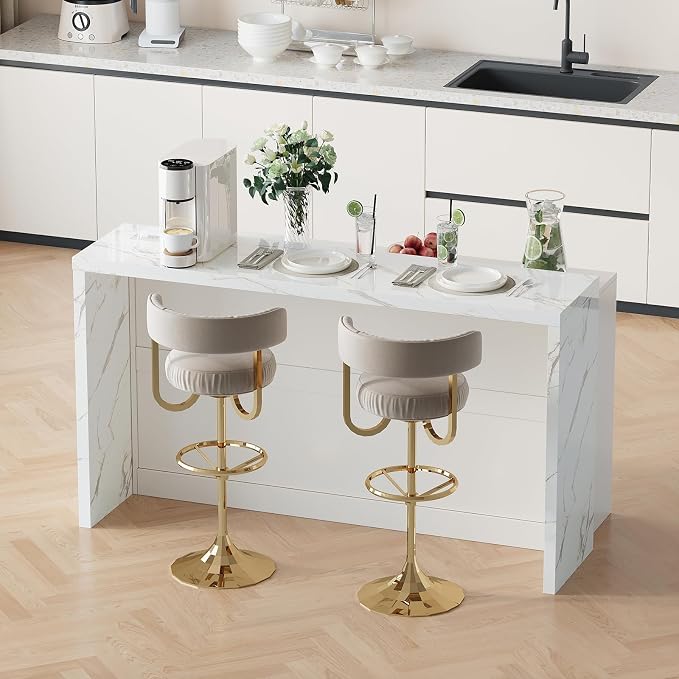 ONBRILL 63" Kitchen Island with Storage, Island Table with Power Outlet & Trash Cabinet, Kitchen Island with Marble Countertop for Kitchen, Dining Room, Living Room, White