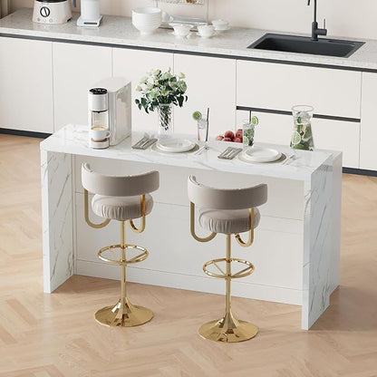 ONBRILL 63" Kitchen Island with Storage, Island Table with Power Outlet & Trash Cabinet, Kitchen Island with Marble Countertop for Kitchen, Dining Room, Living Room, White
