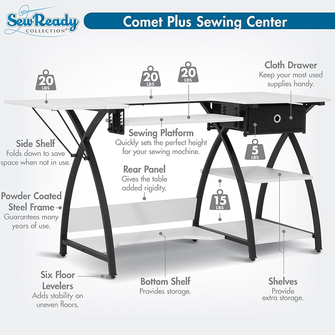 Sew Ready Comet Plus Craft Sewing Table, 56.75 x 23.5" Overall Platform Size with Accurate Fabric Cutting Grid-Top and Storage Drawer, Black/White