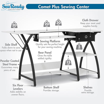 Sew Ready Comet Plus Craft Sewing Table, 56.75 x 23.5" Overall Platform Size with Accurate Fabric Cutting Grid-Top and Storage Drawer, Black/White