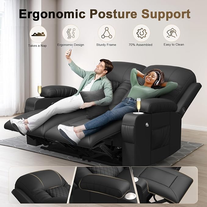 YONISEE Loveseat Recliner, Loveseat Recliner Sofa with Storage, Recliner Chair with USB Ports, 2 Cell Phone Holders, Cup Holder, Loveseat Couch for Living Room Home Theater Seating