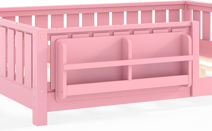 Bellemave Full Size Floor Bed with high Rails and with Built-in Bookshelf for Kids, Girls, Boys, Wood Montessori Floor Bed Without Door, Pink
