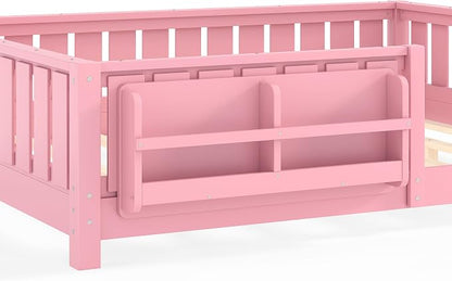 Bellemave Full Size Floor Bed with high Rails and with Built-in Bookshelf for Kids, Girls, Boys, Wood Montessori Floor Bed Without Door, Pink