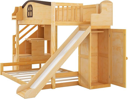 RUNNA Twin Over Full Bunk Bed with Slide,Storage Stairs,Shelf | Twin over full bunk bed with slide, storage stairs, overhead shelf, solid wood, guardrails, no box spring needed