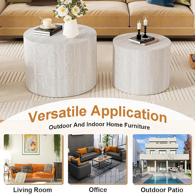 Round Nesting Coffee Table Set of 2 Modern Small Round Travertine Coffee Tables Travertine End Side Table Circle Nested Coffee Tables for Living Room (Travertine B)