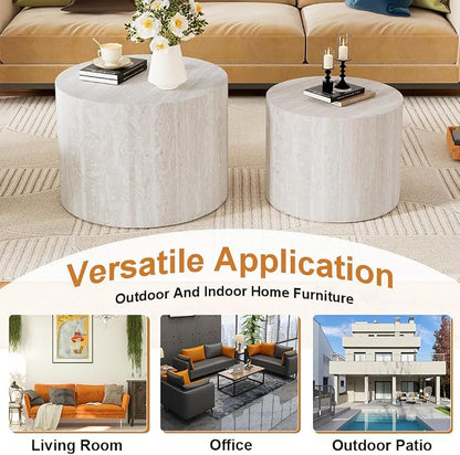 Round Nesting Coffee Table Set of 2 Modern Small Round Travertine Coffee Tables Travertine End Side Table Circle Nested Coffee Tables for Living Room (Travertine B)