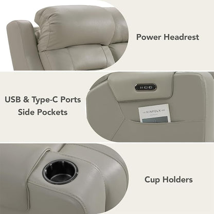 Watson & Whitely Genuine Leather Power Loveseat Recliner Sofa, Lay Flat Reclining Sofa with Console, Power Headrest, Cup Holders & Wireless Charging, Dual Recliner for Living Room, Grey