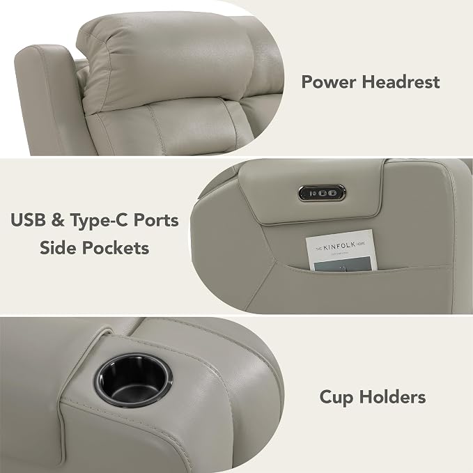 Watson & Whitely Genuine Leather Power Recliner Sofa, Lay Flat Reclining Sofa with Storage Console, Power Headrest & Cup Holders, 3 Seater Electric Reclining Couch for Living Room, Grey