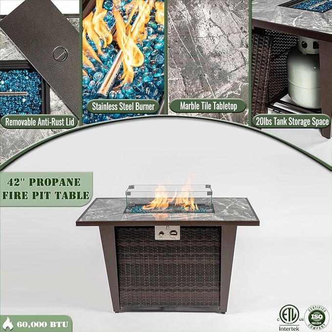 42" Propane Gas Fire Pit Table 50000 BTU Rectangular Outdoor Fire Pit with Ceramic Tile Tabletop Glass Wind Guard, Steel Patio Fire Table & PE Wicker Panel, Lid Rain Cover for Backyard Garden, Gray
