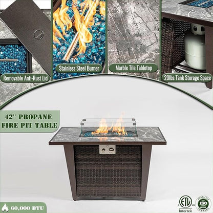 42" Propane Gas Fire Pit Table 50000 BTU Rectangular Outdoor Fire Pit with Ceramic Tile Tabletop Glass Wind Guard, Steel Patio Fire Table & PE Wicker Panel, Lid Rain Cover for Backyard Garden, Gray