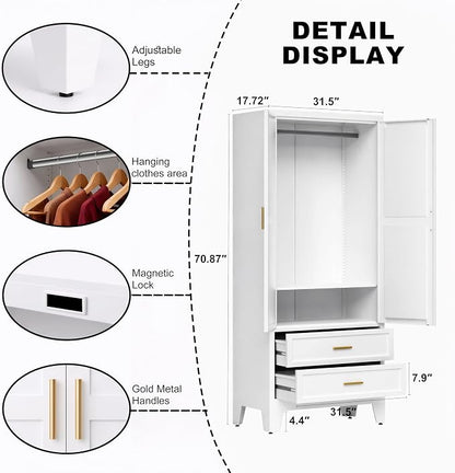 71" H White Armoire Wardrobe Closet with Drawers,Metal Wardrobe Closet with Doors and Shelves,Tall Wardrobe Closet for Bedroom