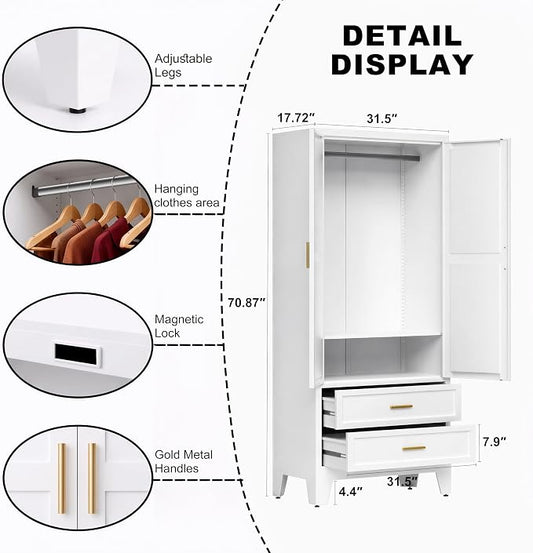 71" H White Armoire Wardrobe Closet with Drawers,Metal Wardrobe Closet with Doors and Shelves,Tall Wardrobe Closet for Bedroom