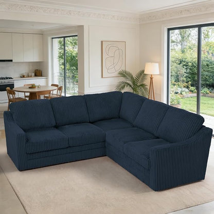 89 Inches Corduroy Sectional Sofa with High Density Sponge, Modern 5 Seats Corner Couch with Deep Seat, Comfy Modular L Shaped Couch with Comfortable Back Cushions for Living Room, Blue