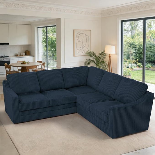89 Inches Corduroy Sectional Sofa with High Density Sponge, Modern 5 Seats Corner Couch with Deep Seat, Comfy Modular L Shaped Couch with Comfortable Back Cushions for Living Room, Blue