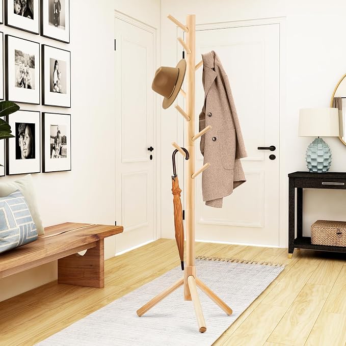 WANGMUXIA Coat Rack, Freestanding Coat Rack with 8 Hooks and 3 Adjustable Size Tree Coat Racks for Bedroom, Hallway, Entrance, Office, for Hats, Coats, Scarves, Handbags