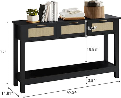 Entryway Table with 3 Drawers, Boho Rattan Console Table with Storage Shelf | Narrow Sofa Table Behind Couch for Hallway, Foyer & Living Room, 47" Wood Accent Table, Easy Assembly, Anti-Tip, Modern Black