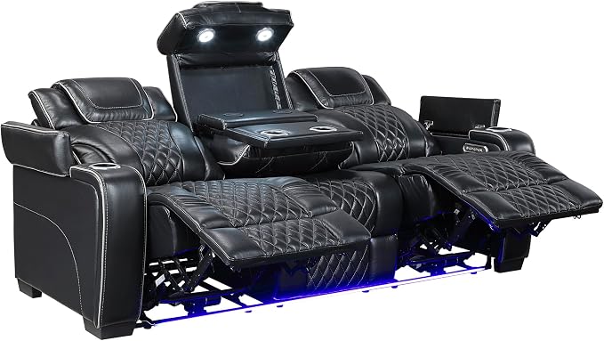 Lexicon Power Double Reclining Sofa, Center Drop-Down Table with Heat/Massage/Headrest/Storage Arms/Cup Holders/LED Lights/Wireless Charging, Top Grain Leather Match Wall Hugger Recliner Sofa, Black