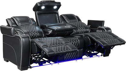 Lexicon Power Double Reclining Sofa, Center Drop-Down Table with Heat/Massage/Headrest/Storage Arms/Cup Holders/LED Lights/Wireless Charging, Top Grain Leather Match Wall Hugger Recliner Sofa, Black