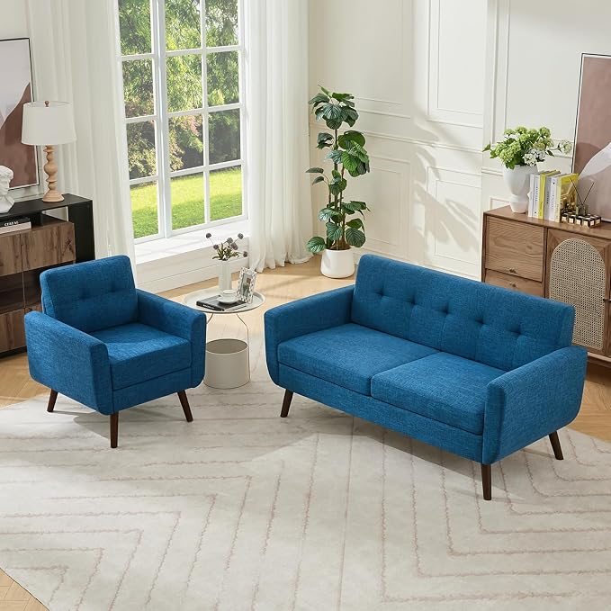 Tbfit Mid Century Modern Sofa Couch, Blue, Loveseat & Accent Chair | linen fabric