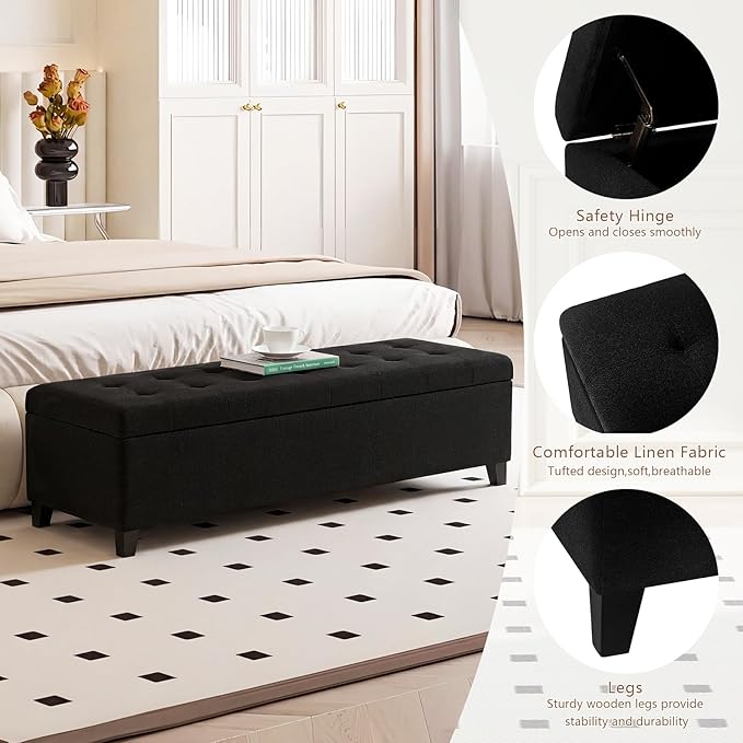 Joveco Storage Ottoman Bench, 51" Linen Rectangle Long Bench, for Bedroom, End Foot of Bed, Living Room, Entryway, Linen Black