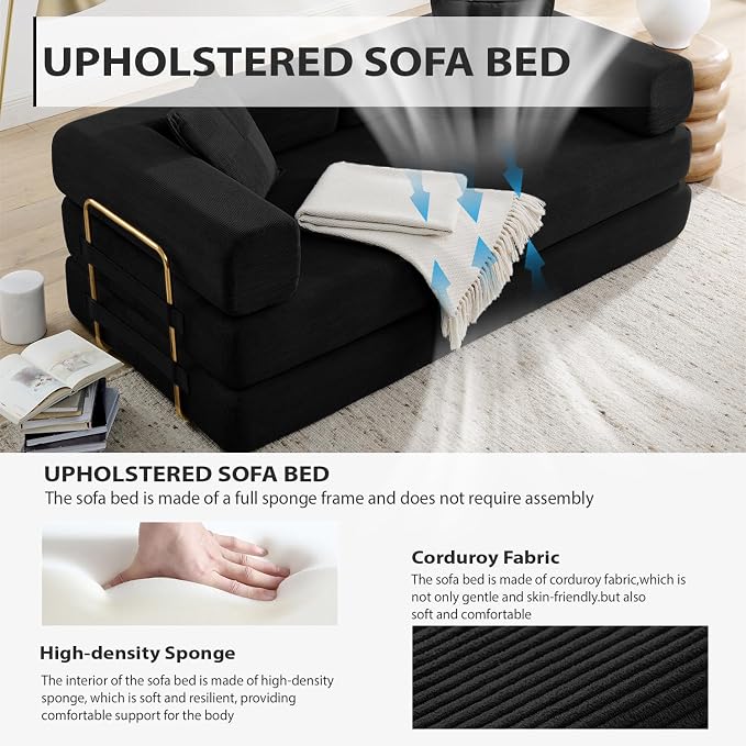 4-in-1 Folding Convertible Sofa Bed, 78 Inch Boneless Couch with Fixed-Shape Frame, Corduroy Loveseat Sleeper with Pull Out Bed, Floor Sofa Modular Futon Couch for Living Room Bedroom Lounge (Black)