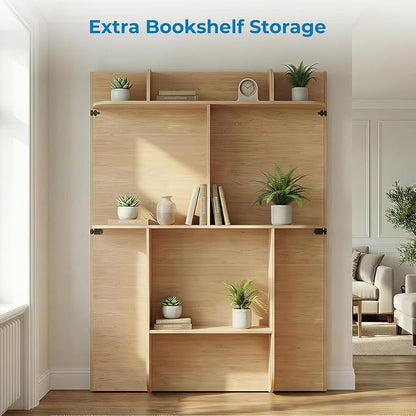Mjkone Queen Size Wall Murphy Bed with Storage Shelf, Queen Wall Beds Cabinet Murphy Beds with Bookshelf, Top Cabinet Bed, Space-Saving Cabinets Beds for Bedroom, Guest Room, Studio, Office-Wood Color