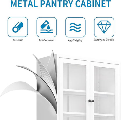 72" H White Steel Kitchen Pantry Storage Cabinets with Glass Doors | Pantry with Glass & Solid Doors, Heavy Duty Freestanding Utility Cabinet for Dining/Living Room, Assembly Required
