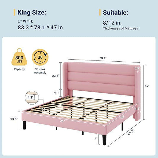 Allewie King Size Platform Bed Frame with Velvet Upholstered Wingback Headboard, No Box Spring Needed, Under Bed Storage Space, Strong Wooden Slats, Modern Mattress Foundation, Easy Assembly, Pink