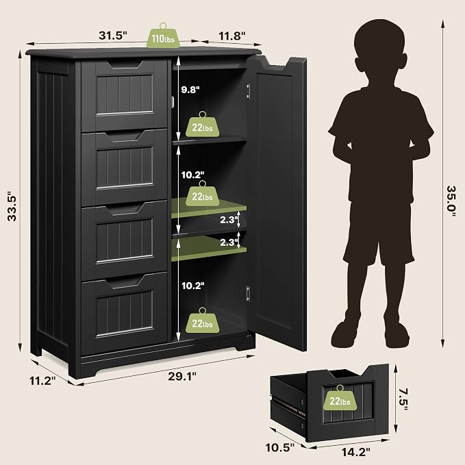 Gizoon Small Kitchen Pantry Storage Cabinet with Door and Shelves, 33'' Kitchen Pantry Cabinet Freestanding Wooden Bathroom Storage Cabinet with 4 Drawers for Kitchen and Dining Room, Black, Painted