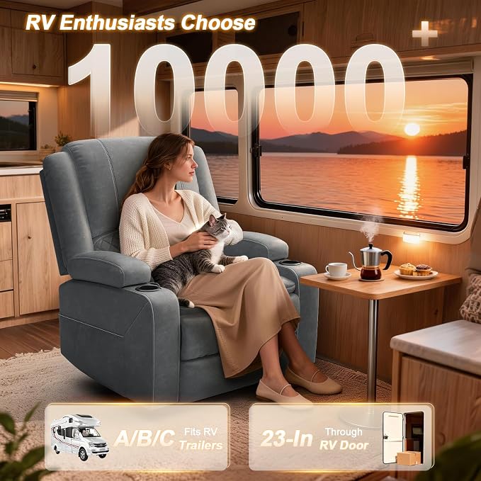 Oversized Manual Recliner Chair, 3 Angle Recliner Home Theater Seating, RV Recliner Single Sofa with Hidden Arm Storage, Cup Holder & Side Pocket (Single, Grey)