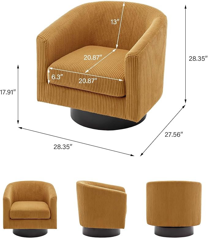 Swivel Barrel Accent Chair, Modern Round Corduroy Fabric Arm Chair for Living Room, Bedroom, Comfy Club Reading Chairs for Adults (Corduroy Orange, Set of 2)