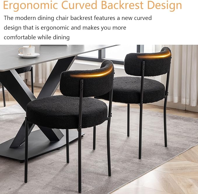 Cinxzar Black Boucle Dining Chairs Set of 6, Upholstered Dining Room Chairs with Black Metal Legs, Round Modern Dining Chair for Dining Room, Kitchen