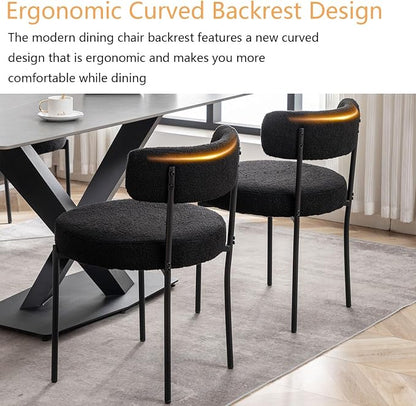 Cinxzar Black Boucle Dining Chairs Set of 6, Upholstered Dining Room Chairs with Black Metal Legs, Round Modern Dining Chair for Dining Room, Kitchen