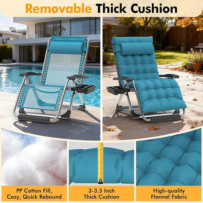 Slendor Oversized Zero Gravity Chairs XXL, 33IN Padded Zero Gravity Lounge Chair, Folding Reclining Patio Chair Lawn Recliner w/Aluminum Alloy Lock, Headrest, Cup Holder, Support 500lbs, Light Blue