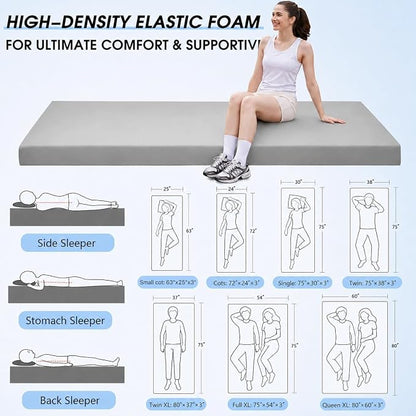 CYMULA 3 Inch Memory Foam Camping Pad, Camping Essentials Roll Up Floor Mat for Car Camping, Cot, Tent, Truck, Travel and Guest Use, Non-Slip Waterproof Bottom, Removable Cover