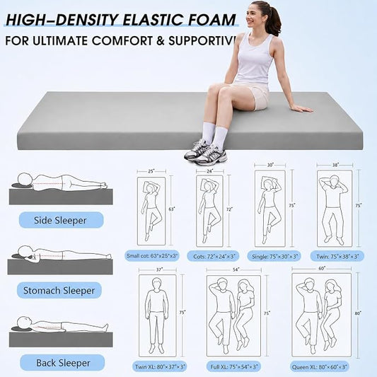 CYMULA 3 Inch Memory Foam Camping Pad, Camping Essentials Roll Up Floor Mat for Car Camping, Cot, Tent, Truck, Travel and Guest Use, Non-Slip Waterproof Bottom, Removable Cover