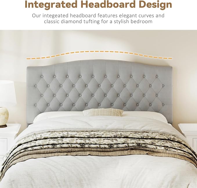 Queen Headboard Only, Velvet Classic Tufted Design, Silver Gray | 2 installation options: 1.bed frame mount 2.wall mount (for adjustable bed), Classic hand-tufted headboard king size
