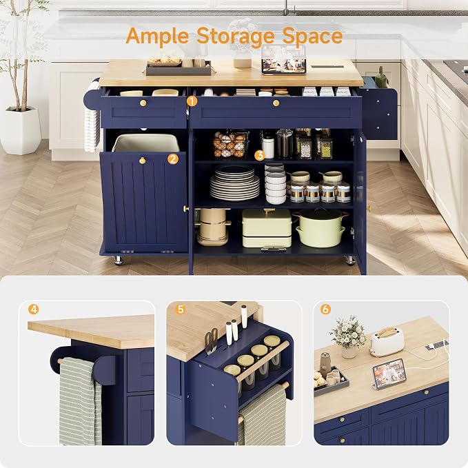 ComfyCorner 60" Rolling Large Kitchen Island on Wheels with Extendable Table, Drop Leaf & Power Outlet, Mobile Kitchen Cart with Storage Cabinet, 2 Drawers, Spice Rack, Towel & Knife Holder, Blue