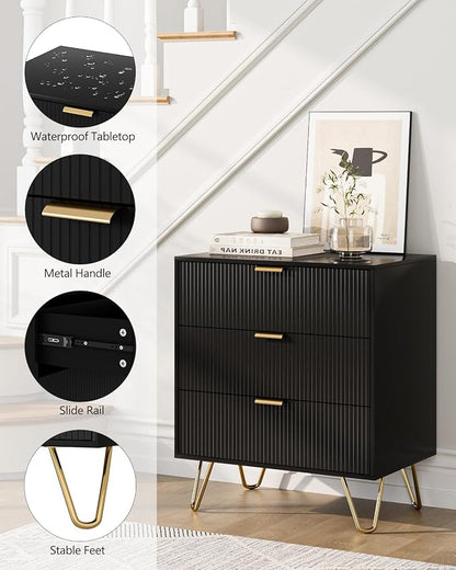 Fluted 3 Drawer Dresser for Bedroom, Modern Storage Bedroom Dresser Chest Cabinet Organizer with Anti-Tip Hardware for Living Room, Dressing Room, Kids Room, Office (Black)