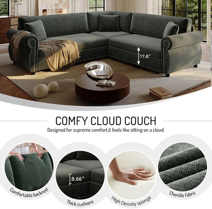 88.2" Sectional Sleeper Sofa with Pull Out Bed - Oversize L-Shaped Convertible Sleeper Couch Bed, Button Tufted Chesterfield Sofa, Chenille Vintage Couches for Living Room/Apartment(4-Seater, Green) | Pull Out couch Bed