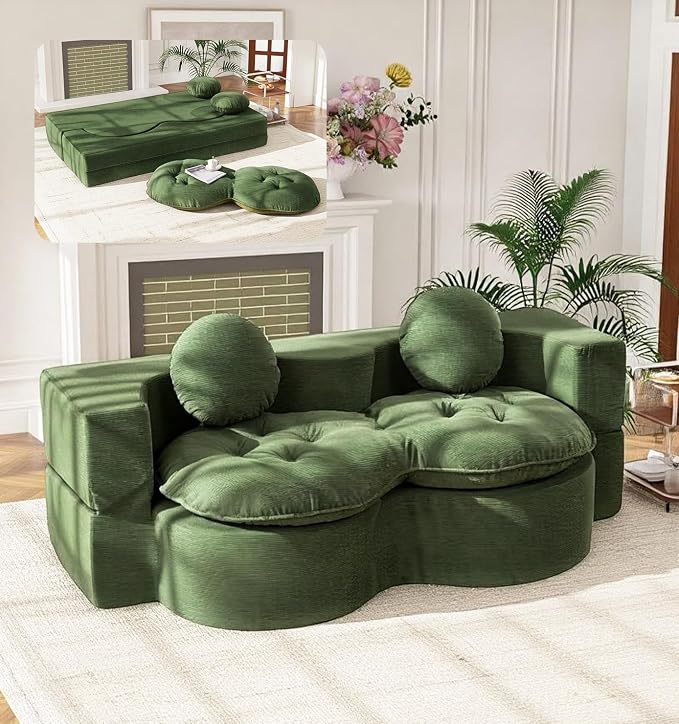 75” Full Size Convertible Sleeper Sofa Bed, Boneless Folding Futon Loveseat Sofa with 2 Pillows, High Density Foam Compressed Foldable Guest Couch for Living Room Apartment (Green Corduroy)