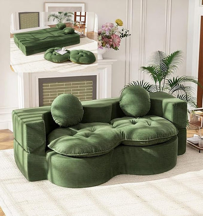 75” Full Size Convertible Sleeper Sofa Bed, Boneless Folding Futon Loveseat Sofa with 2 Pillows, High Density Foam Compressed Foldable Guest Couch for Living Room Apartment (Green Corduroy)