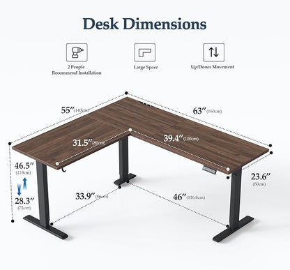 Klicelor L Shaped Standing Desk 63 x 55 Inch, Electric Height Adjustable Corner Desk for Home Office Workstation, Ergonomic Sit Stand Computer Table with Memory Controller, Dark Walnut