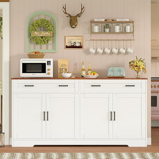 usikey Buffet Cabinet with Storage and Drawers, 55" Large Sideboard Buffet Cabinet with Adjustable Shelves and Doors, Modern Coffee Bar for Kitchen, Living Room, White