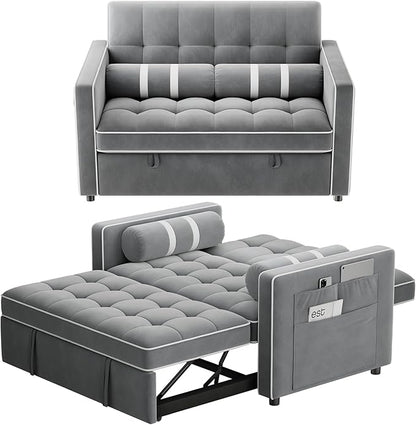 Marsail 3-in-1 Convertible Futon Sleeper Sofa Bed, Pull Out Couch with Adjustable Backrest, USB Charging & Side Pockets, Velvet Fabric Sofa for Living Room, Apartment, Loveseat, Grey