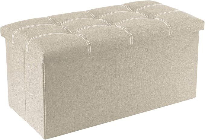 YOUDENOVA 30 Inch Storage Ottoman, Folding Ottoman with Storage, Linen Storage Bench Supports Up to 350 lbs, Footrest Seat for Living Room, Bedroom, Beige
