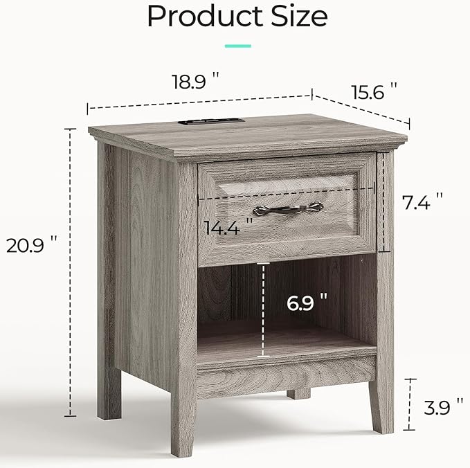 LINSY Night Stands Set of 2, 18.9" Farmhouse Wood Side Tables with Type-C Charging Station, Drawer & Open Storage Shelf – Perfect for Bedroom, Living Room, Sofa, or Office