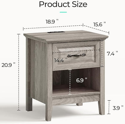 LINSY Night Stands Set of 2, 18.9" Farmhouse Wood Side Tables with Type-C Charging Station, Drawer & Open Storage Shelf – Perfect for Bedroom, Living Room, Sofa, or Office