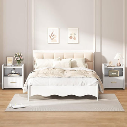 Night Stand with Charger Station - Modern Wood Nightstand with Drawer Storage, Fluted Wide Nightstands Bedside Table, Mid Century Night Stands for Bedroom Home Office Sofa, White